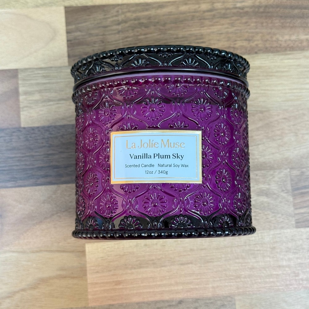 La Jolie Muse Vanilla Plum Sky 12oz Natural Soy Wax Candle Purple Glass Jar Lid